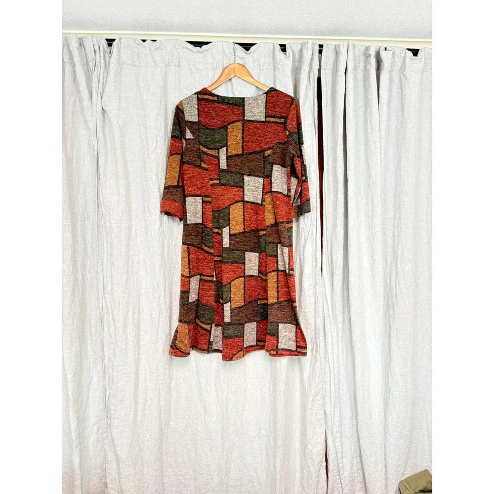 Southern Lady Womens Geometric Print‎ 3/4 Sleeve Shift Dress Rust Green M